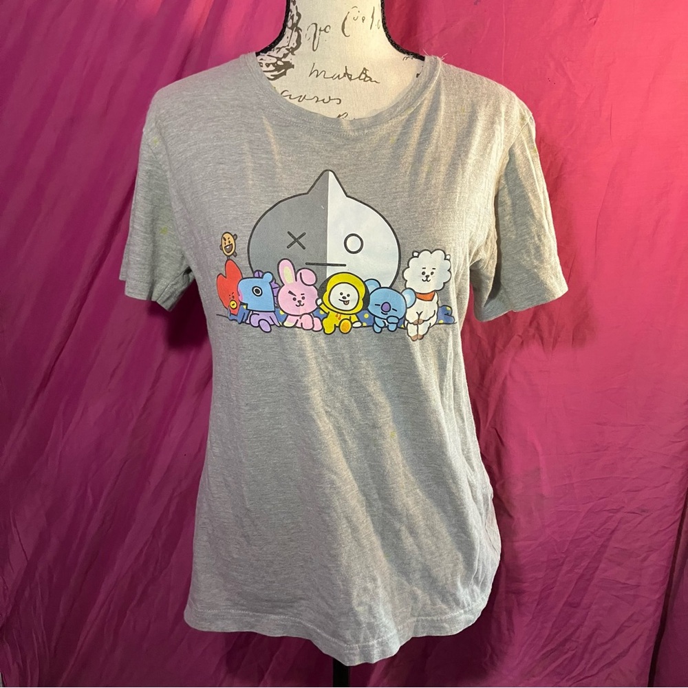 Gray Graphic T-Shirt with Cartoon Characters